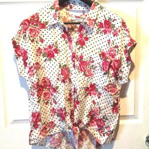 No Boundaries Pink Floral & Polka Dots Tie Blouse